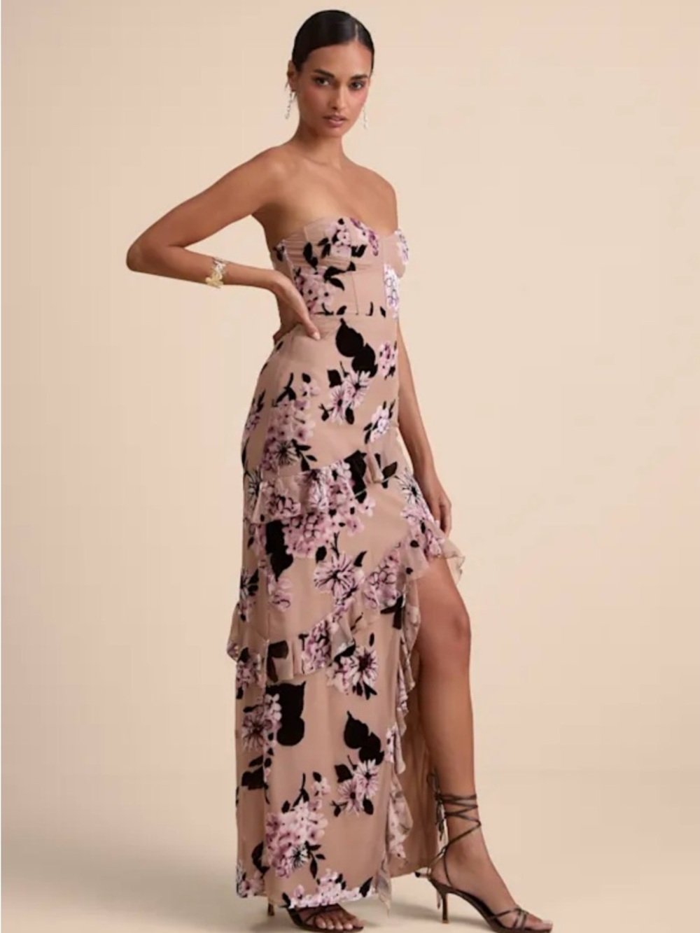 Lulus Chelisa Beige Floral Ruffled Strapless Bustier Maxi Dress - Size S - Picture 4 of 7